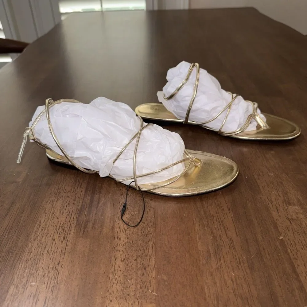 Zara Gold Metallic Strappy Thong Gladiator Flat Sandals Ankle Strap EU40 US9 - Picture 3 of 6